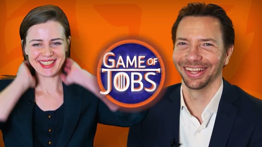 Hélène Rehbinder, Relationship Manager, and Pierre Edouard Gianina, Parent Account Manager, challenge themselves on the Game of Jobs!