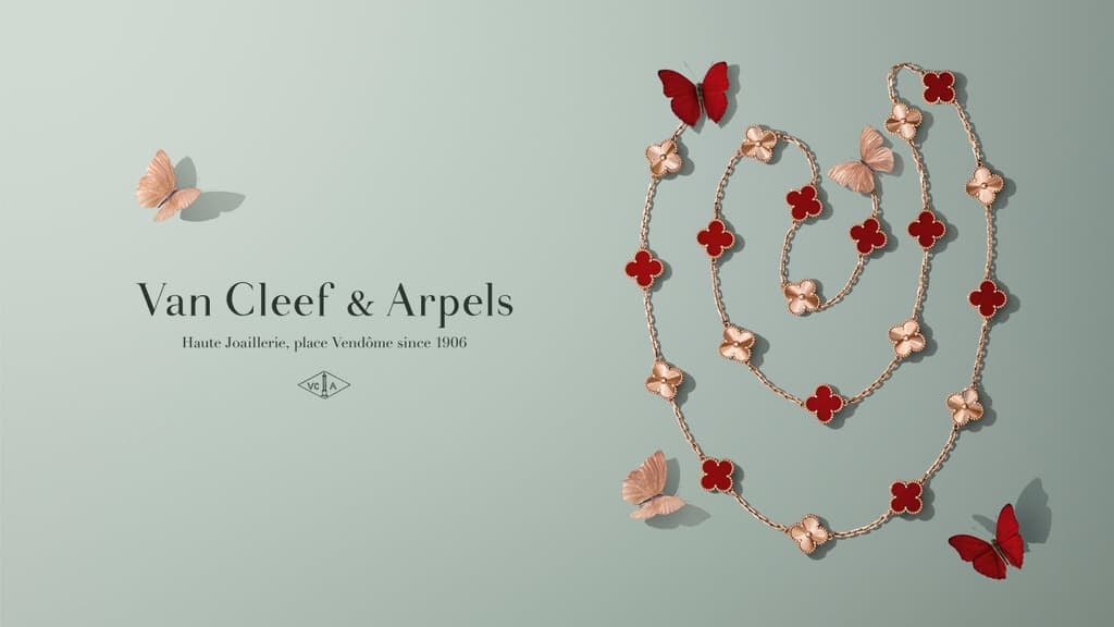 Follow the journey of the butterflies to discover Van Cleef & Arpels' new Alhambra creations in rose gold and carnelian