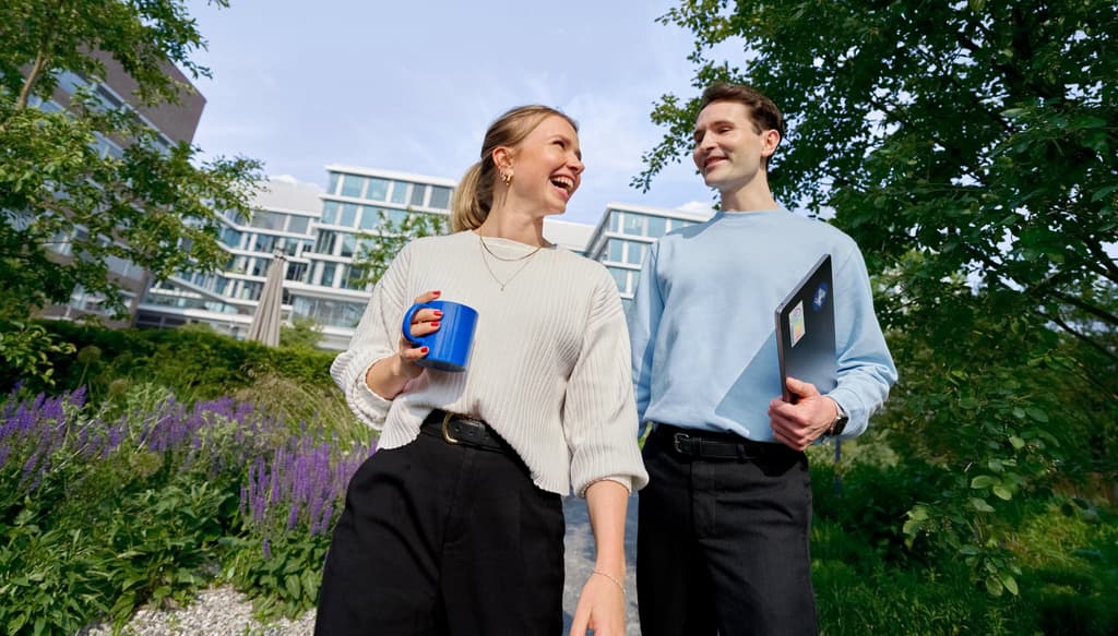 Our large garden in front of our new campus is ideal for eating, working, or relaxing.