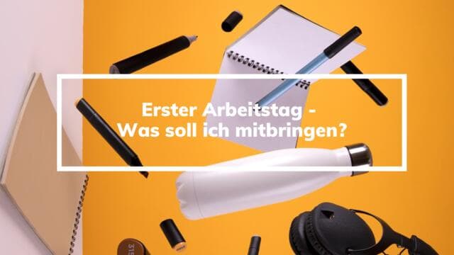 A collection of pens, notebooks, water bottle and headphones on a yellow background